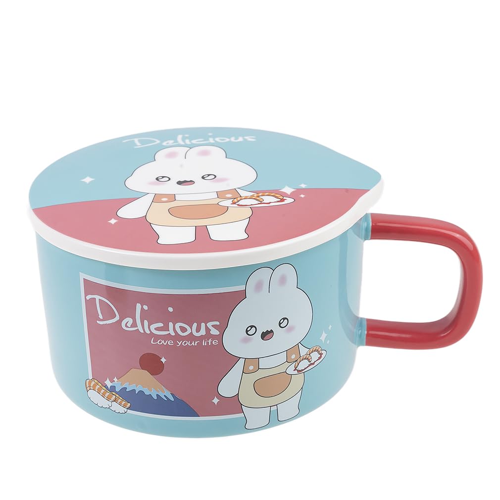 lachineuse - Nudelschale mit Sofortfunktion – asiatische Ramenschale – Porzellan – Motiv Kaninchen – 1000 ml – Deckel & Besteck – Frühstück, Suppe, Reis – Geschenkidee Asien Japan China – Himmelblau