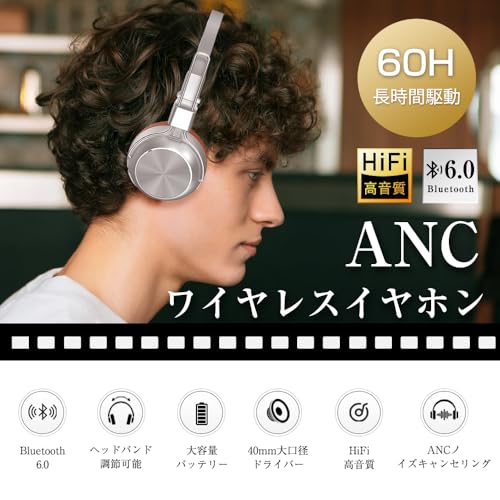 CHUDA Bluetoothヘッドホン ワイヤレスヘッドホン オンイヤー型 Bluetooth 6.0 軽量設計 ANCノイズキャンセリング Hi-Fi音質 60時間連続再生 40mm大口径スピーカー マイク内蔵 折り畳み可能 在宅 旅行 音楽 動画 通話 ゲーミング 誕生日 プレゼント 日本語取扱説明書付属 シルバー 商品画像2