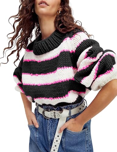 Image of Yeokou Women Stripe Pullover Sweater Turtleneck Ribbed Knit Top Casual Fall Winter Chunky Knitwear