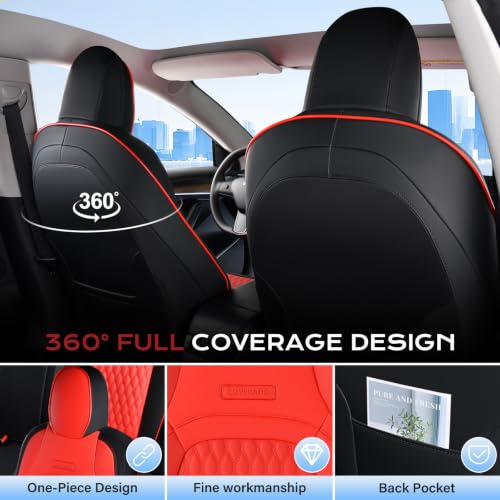 Image of Coverado Front Seat Covers for Tesla Model 3, Car Seat Covers Front Seats, Front 2PCS Leatherette Car Seat Cover Seat Protector Custom for 2017-2023 Tesla Model 3 BlackRed