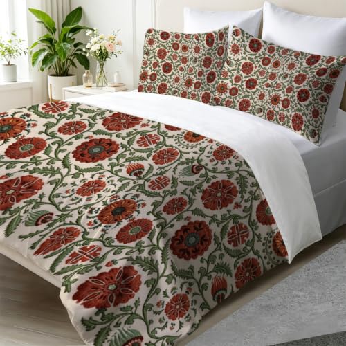 Parure de lit rouge brique style pastoral avec housse de couette imprimée fleurs - 2