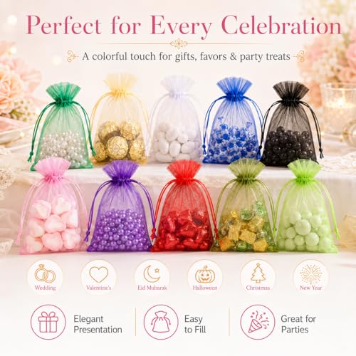 Image of 50PCS Organza Bags 5x7'' - Muticolor Small Sachet Jewelry Gift Favor Bags Drawstring Mesh Bags Gifts Valentines Wedding Eid Mubarak Halloween Eve Christmas New Year Party Candy Fruit Wrap Bulk