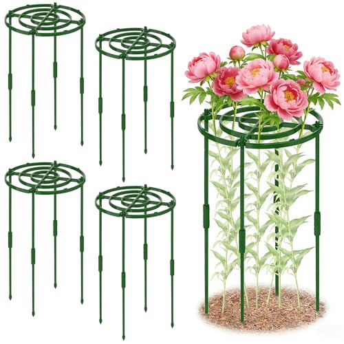 4 Pack Peony Cages and Supports, 11.8" D x 25" H Plant Supports for Outdoor Plants, Peony Support Cage Flower Support Rings, Plant Support Ring for Rose Tomato Hydrangea Strawberry by MJZ - Used condition - US$25.14