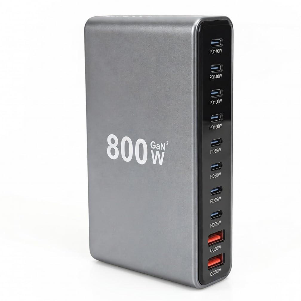 Sxhlseller Stazione di Ricarica USB C da 800 W, 8 Porte 2x140 W 2x100 4x65 2xQC30, Hub Caricabatterie Rapido PD3.1 per Tablet Telefono Portatile, Caricatore da Tavolo Compatto (Spina europea)