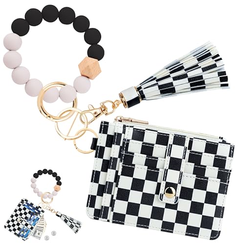 Image of KNGITRYI Wristlet Wallet for Women,RFID Keychain Wallet with Beaded Strap | 8 Card Slots,ID Window,Zipper Pocket,Leather Tassel,Compact Design