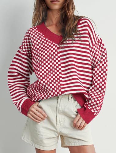 Image of UNCLECAT Womens Striped Checkered Sweater V Neck Fall Trendy Pullover Tops