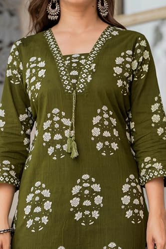 Image of PARTHVI Women's Pure Cotton Printed Straight Kurta Set with Palazzo Pants & Dupatta- Ethnic Wear, Green