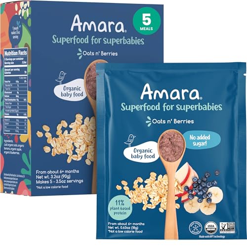 Amara Organic Baby Food - Stage 2 - Oats & Berries - Baby Cereal to Mix With Breastmilk & Water -...