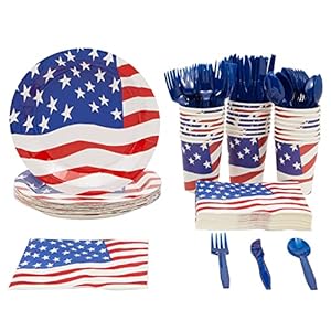 144 Piece Patriotic Party Supplies, American Flag Plates, Napkins, Cups, Cutlery for 4th of July, Memorial Day Decorations (Serves 24)