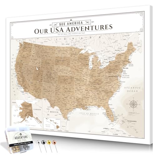 Image of IPIC - Vintage US Map for Travel, Pin Board Canvas Wall Art, Travel Map with Pins Included, Ready to Hang for Home or Office, 30x24 Inch