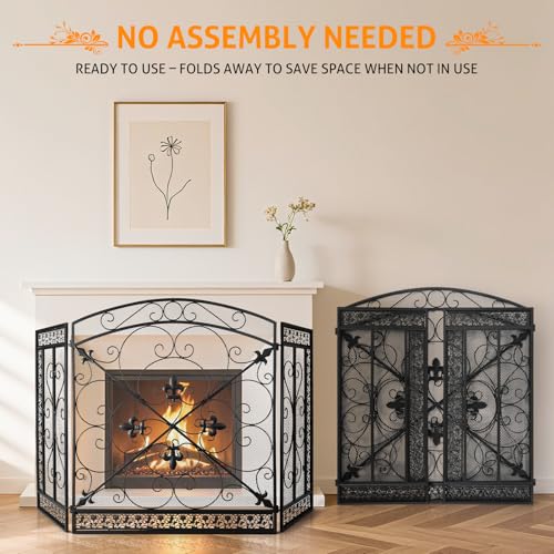 Image of WICHEMI 3 Panel Fireplace Screen for Fireplace Cover Fireplace Screens Stand Alone 52.4 x 31inch Wrought Iron Black Metal Spark Guard Fireguards Mesh Cover Fence Fire Place Standing Gate (Style 3)