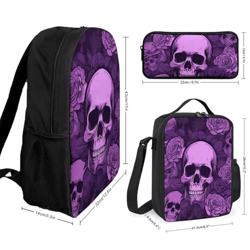 3 Piece Backpack for Women Men Lightweight Causal Daypack Shoulder Bag Set with Insulated Lunch Bag And Pencil Case Organizers Purple Skulls And Roses2