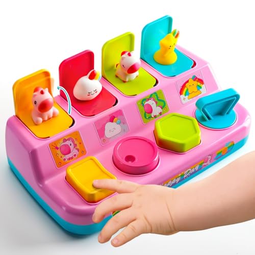 HahaGift Pop Up Toys for 1 Year Old Girls Gifts: Unicorn Cause and Effect Sensory Toy with Push Buttons Montessori Baby Toys 6-9-12-18 Months Toddler 1st Birthday Presents