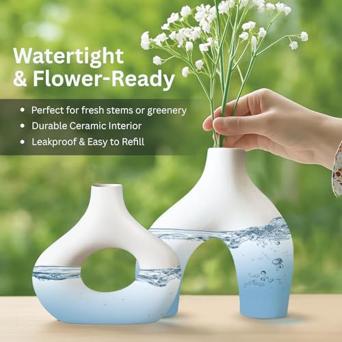 Image of PUREZENTO Abstract White Ceramic Donut Vase 5.4 & 7.7 Inch - Set of 2 | Decorative Unique Modern Vase for Dried Flowers & Pampas Grass | Vases for Modern Home Decor, Living Room, Office Decor Ideas