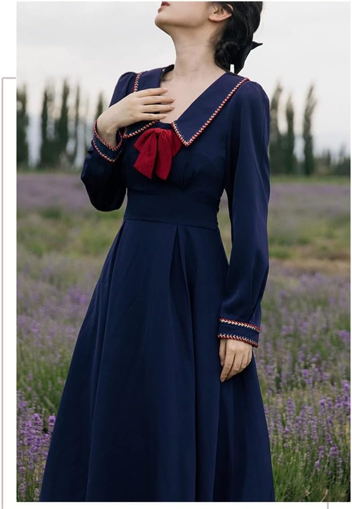 JJZXD 秋の服女性のための秋の弓大学スタイルエレガントな女性ロマンチックなフレンチミディドレス(L code)