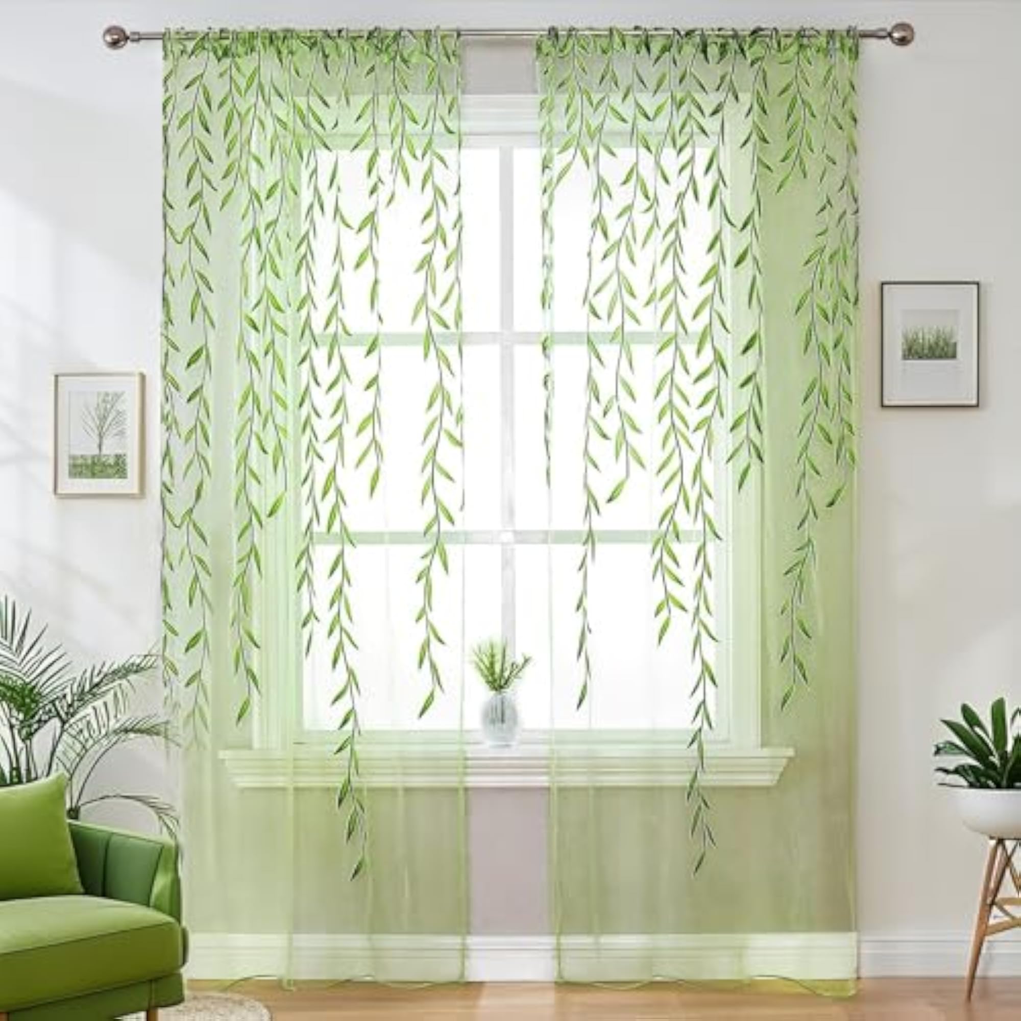 Voile Window Room Curtain Willow Leaves Print