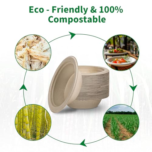 Aricsen Compostable 16 Ounce 150 Pack Disposable Round Paper Bowls, PFAS-Free, Eco-Friendly, Biodegradable Bagasse For Hot Soup Food Salad Dinner Party, Unbleached Natural Light Brown (150, 16 OZ)