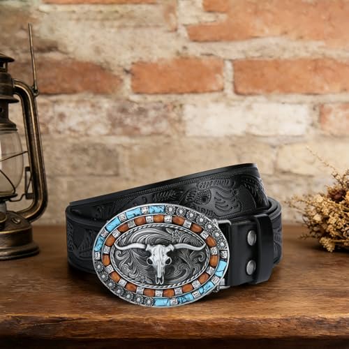 Image of Mens Western Cowboy Cowgirl Faux Leather Belt Longhorn Bull Pattern Letter Big Buckle Embossed Floral Belts