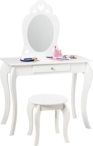 Miniatura 19 de HONEY JOY Juego de tocador para niños con espejo, mesa de tocador de madera con taburete y cajón, parte superior extraíble, juego de tocador de