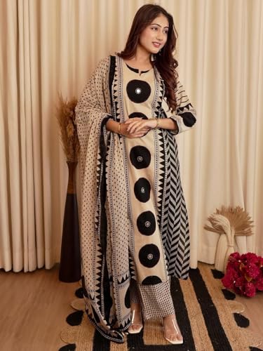 Image of krisjan|Women's Pure Cotton Printed with Handwork Kurta with Pants and Dupatta Set | Ethnic Set | Suit Set | Kurta Set | Wedding Suit Set