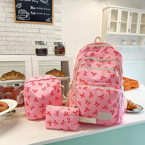 Bow Backpack for Women, Nylon Rucksack Cute Kawaii Set Aesthetic Daypack 3Pcs, bow backpack for girls (White Blue)3