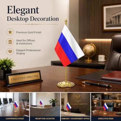 Image of The Flag Company Gold Acrylic Pole with Round Base | Desk Flag for Office, Reception & Home Decor (Russia)