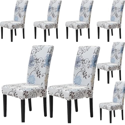 Image of Styleys Chair Covers for Dining Room, Stretch Dining Chair Cover, Washable Spandex Kitchen Chair Slipcovers (Set of 8, Sky Blue /Golden Flower, SD3215)