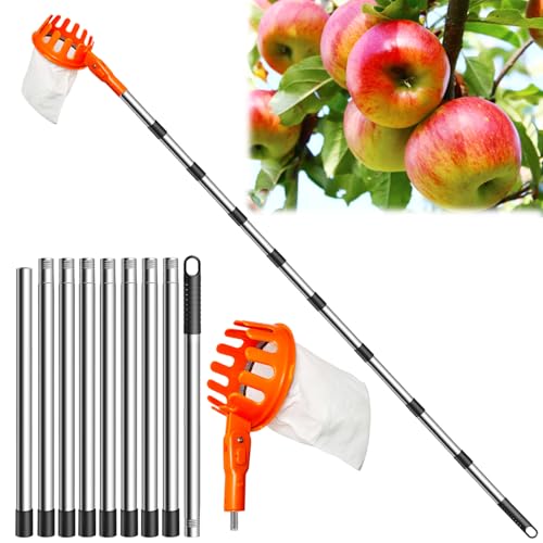 Koyata Fruit Picker Apple Picker with 10 Sections 4.2M Long Telescopic Handle,Fruit Picking Tool with Fabric Bag Holder, Adjustable Head, Lightweight Apple Tree Picker Tool, Easy to Assemble