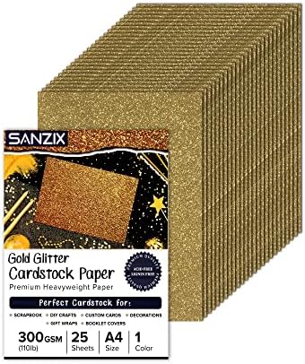 SANZIX Gold Glitter Cardstock Paper, 25 Sheets - 1 Color - 110lb. 300 GSM - A4 Cricut Cardstock, Glitter Paper Cardstock for Scrapbook, DIY Crafts, Decor, Gift Wraps, Booklet Covers, Custom Cards