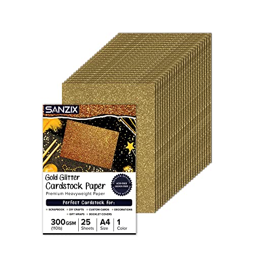Sanzix Gold Glitter Cardstock Paper, 25 Sheets - 1 Color - 110Lb. 300 Gsm - A4 Cricut Cardstock, Glitter Paper Cardstock For Scrapbook, Diy Crafts, Decor, Gift Wraps, Booklet Covers, Custom Cards #TOP3