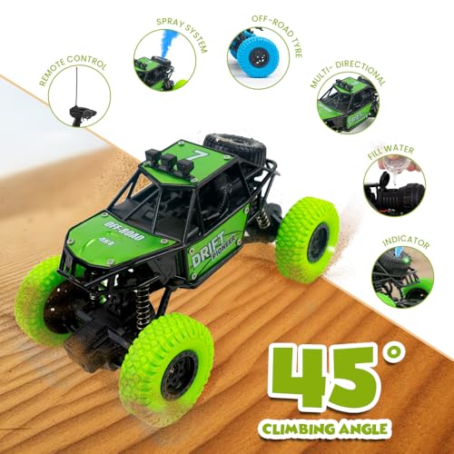 Image of Gooyo GY-45 Rechargeable Remote Control Rock Crawler Car with Smoke | Monster Truck with Spray for Kids | RC Car 4x4 Off-Road Big Car Toy | High Speed | Green Color | in-Built Battery | Gift Box Pack