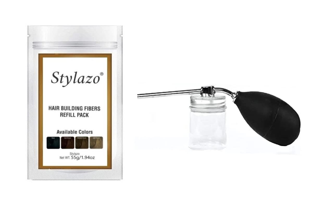 Stylazo Hair Building Fiber Refill Pack (55g) and Applicator Spray Nozzle Pump (Dark Brown Color)
