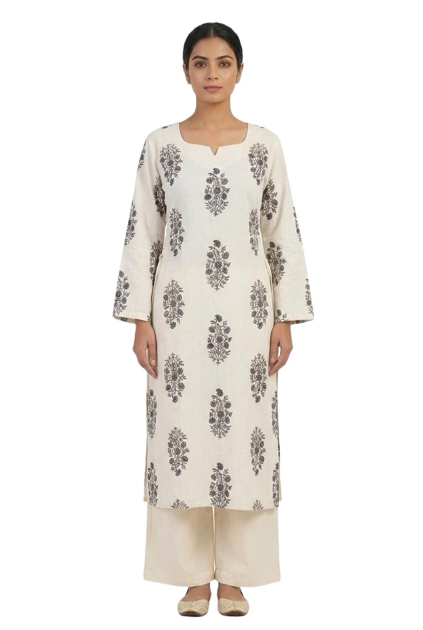 Cotton Kurti for Women Off White Navy Mughal Print Side Lace Up-image-38