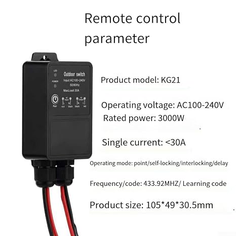 Wireless Remote Switch, IP65 AC100-240V Outdoor Remote Control Switch 30A Relay Receiver, For Pumps, Motors, Lamps, Security Systems, RF 433MHz Waterproof Heavy Duty Fan Garage Gate 164ft Range
