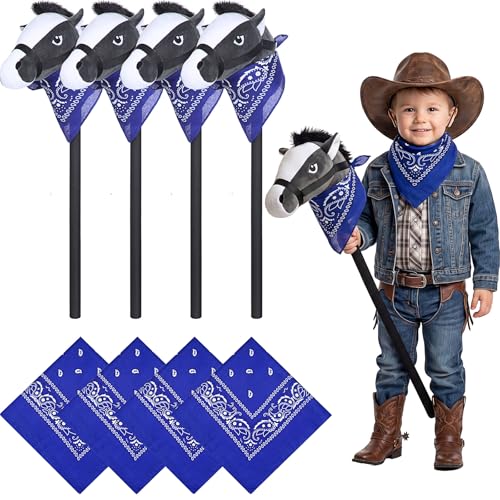 Image of Poen 4 Pack Light Brown Horse Stick with Sound Red Bandana Set 27.6'' Toys Stick Horse Western Cowboy Bandana Head with Neighing Sound for Boys Girls Fun Pretend Games Son Daughter (Black and Blue)