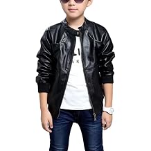 Elife Boys Trendy Stand-Collar PU Leather Spring Moto Jacket Black
