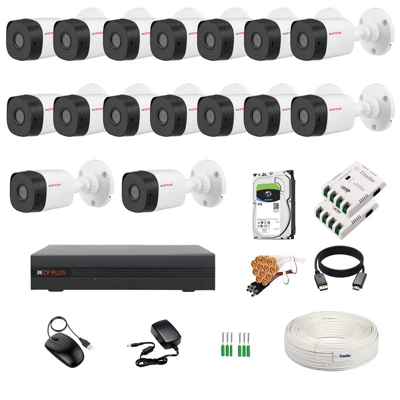 16 Channel DVR with 5MP 16 Bullet Cameras (Day/Night Vision) + 2TB HDD + Copper Cable Roll (1+3) + CLOCITE 8 CH Power Supply 2 Nos + BNC & DC Full Combo Kit