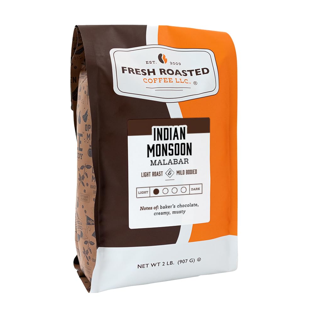 Fresh Roasted Coffee, Indian Monsoon Malabar, 2 lb (32 oz), Light Roast, Kosher, Whole Bean