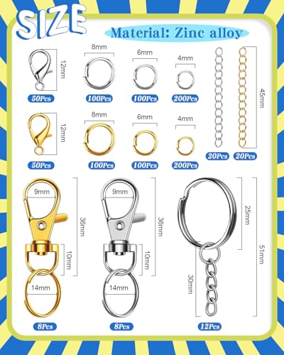 Caianwin 968 Stück Biegeringe Set， Golden und Silber Spaltringe Mit Armband Verschluss，Ketten，Drehbare Karabinerverschlüsse，Schlüsselringe mit kette