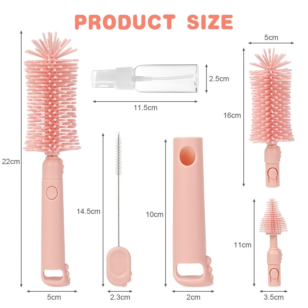 Kit Completo de Limpieza de biberones, Set Cepillo Limpia Biberones Viaje de Ranuras de Secado Vertical,12 en 1 Set de cepillos para biberones con 3 Cepillos & Dispensado rde jabón(Rosa)