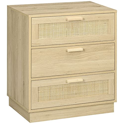 HOMCOM Commode 3 tiroirs Commode Chambre Meuble de Rangement Style bohème avec Cadre en Bois, chiffonnier en rotin pour Chambre à Coucher, Salon, entrée...