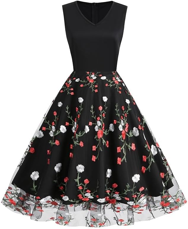 JSEIAJB Vintage V-Neck Embroidery Dress Slim Fit Polyester Sleeveless Mid-Waist Dress