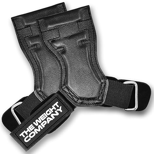 THE WEIGHT COMPANY® PRO GRIPS - Leather Weightlifting Wrist Straps for Powerlifting, Bodybuilding, Deadlifts, Strength Training for Men & Women (Pair) Padded Neoprene with Cowhide (Black, M)