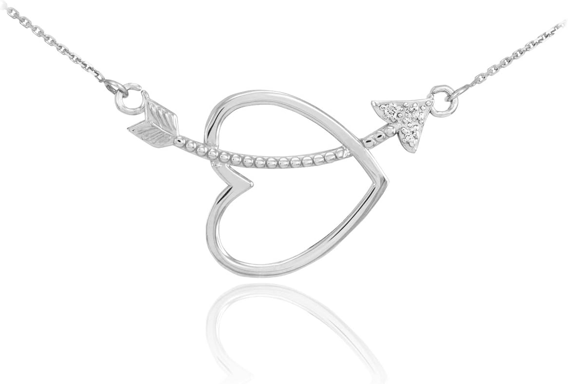 925 Sterling Silver Curved CZ-Studded Arrow Sideways Open Heart Necklace