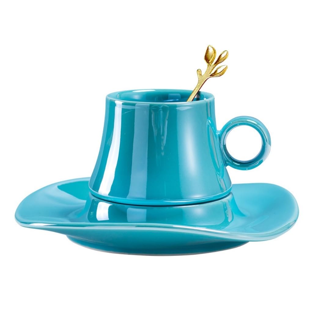 vfdaSWQQ Tea set, Bright Leaf Ceramic Coffee Cup High-Value Mug Home Breakfast Afternoon Tea Set and Saucer(Blue)