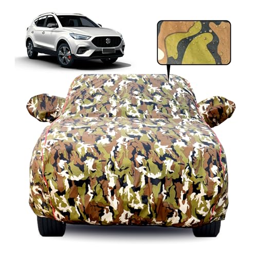 Image of Waterproof Car Body Cover for MG Astor with Mirror Pocket, Soft Cotton Lining, Triple Stitched, Full Bottom Elastic (Heat Resistant Jungle Print with Red Piping)