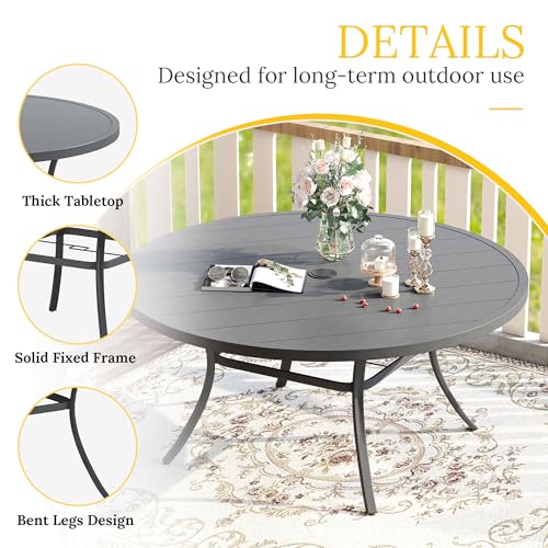 Image of VICLLAX 63 inch Outdoor Round Patio Table with Umbrella Hole, All Weather Metal Round Outdoor Dining Table for Lawn Garden, 8-10 Person Table, Grey
