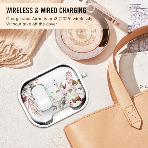 Image of Compatible Airpods Pro 3 Case (2025) with Phone Stand & Cleaner Kit,Cute Flower Print Soft Silicone Lock Clip Apple AirPods Pro 3rd Generation Case, Airpod Pro 3 Cover with Keychain for Women /Girls