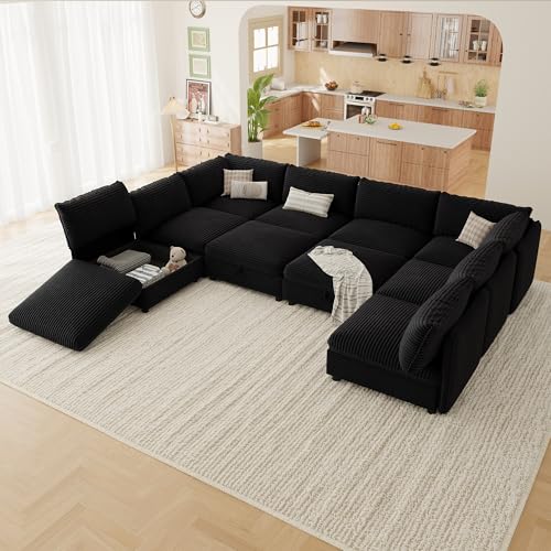 Image of Oversized Corduroy Modular Sectional Sofa Bed with Hidden Storage, Convertible L U Sleeper Couch, 10-Seat Modular Sofa Free Combination with Ottoman & Removable Covers for Living Room, Black
