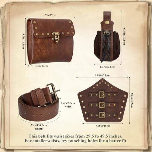 Image of Renaissance Belt Pouch Medieval Viking Leather Bracers Set for LARP